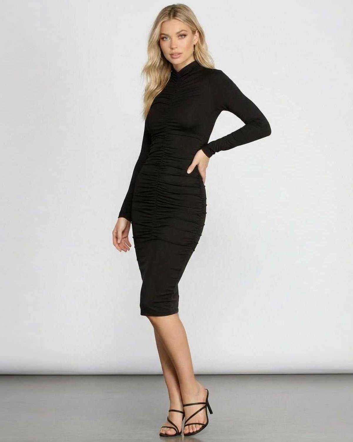 Black Satin Bodycon Mock Neck Sleeveless Midi Dress | Gala Nights, Night Out & Everyday Wear, side view | Ramblion | SKU: VMD-80426-black-L-4505,VMD-80426-black-M-6870,VMD-80426-black-S-5910,VMD-80426-black-XL-549,VMD-80426-black-XS-7658