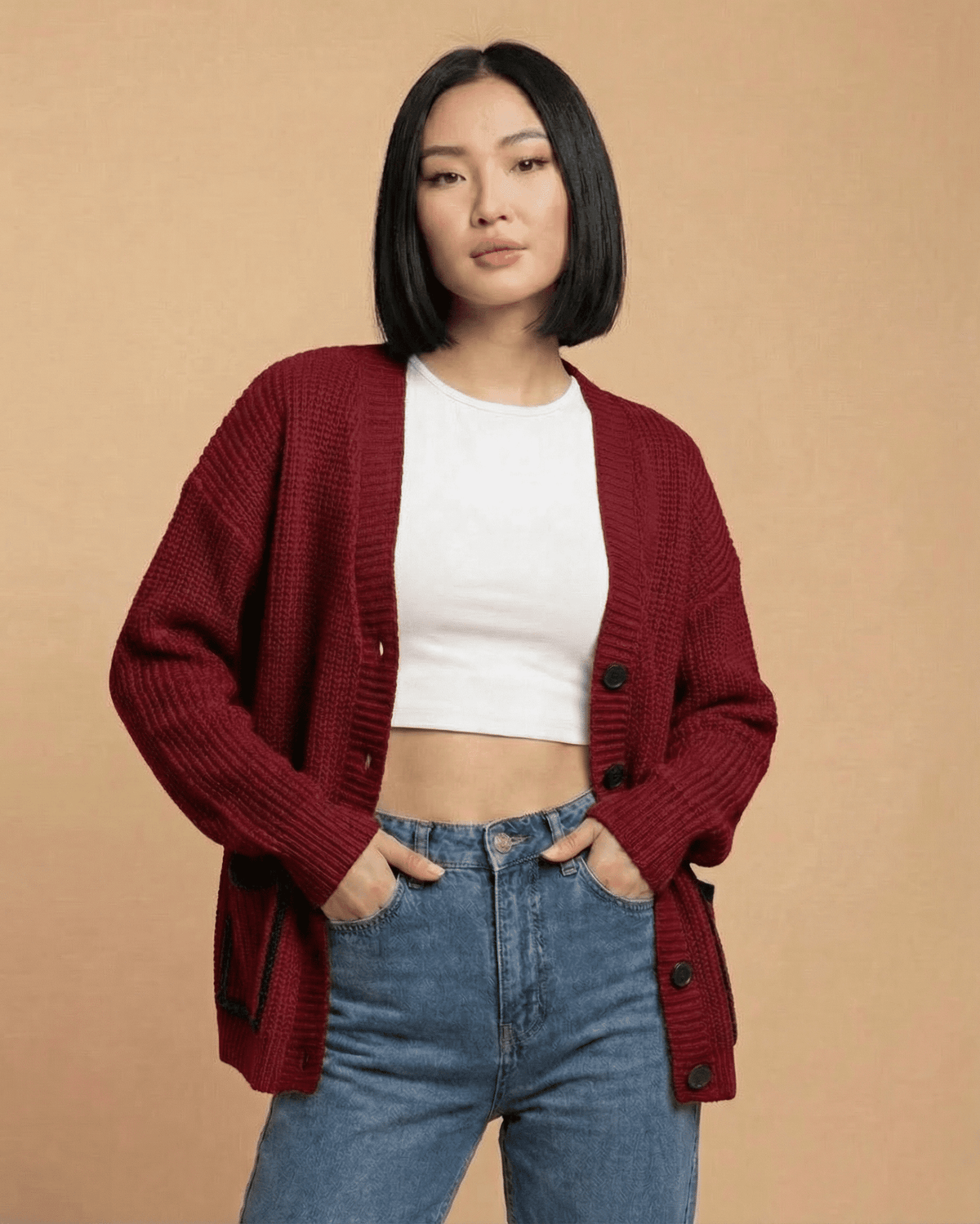 Red Cotton Cardigan, front view | Ramblion | SKU: MC-31482-Red-L-1762,MC-31482-Red-M-9019,MC-31482-Red-S-3812,MC-31482-Red-XL-9862,MC-31482-Red-XS-7591