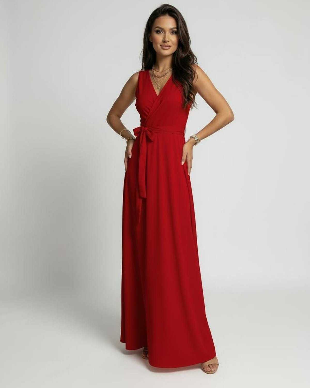 Red Satin Wrap V-Neck Sleeveless Maxi Dress | Formal Events, Evening Parties & Wedding Season, front view | Ramblion | SKU: EMD-384726195-red-L-6452,EMD-384726195-red-M-8549,EMD-384726195-red-S-2501,EMD-384726195-red-XL-5338,EMD-384726195-red-XS-6494