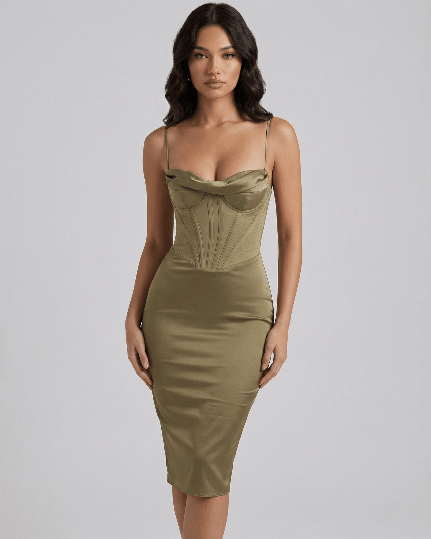Olive Satin Bodycon Cowl Neck Sleeveless Midi Dress | Bridal Showers, front view | Ramblion | SKU: SMD-48271-olive-L-5307-1655,SMD-48271-olive-M-3581-3136,SMD-48271-olive-S-6834-5957,SMD-48271-olive-XL-8963-6885,SMD-48271-olive-XS-9335-1796