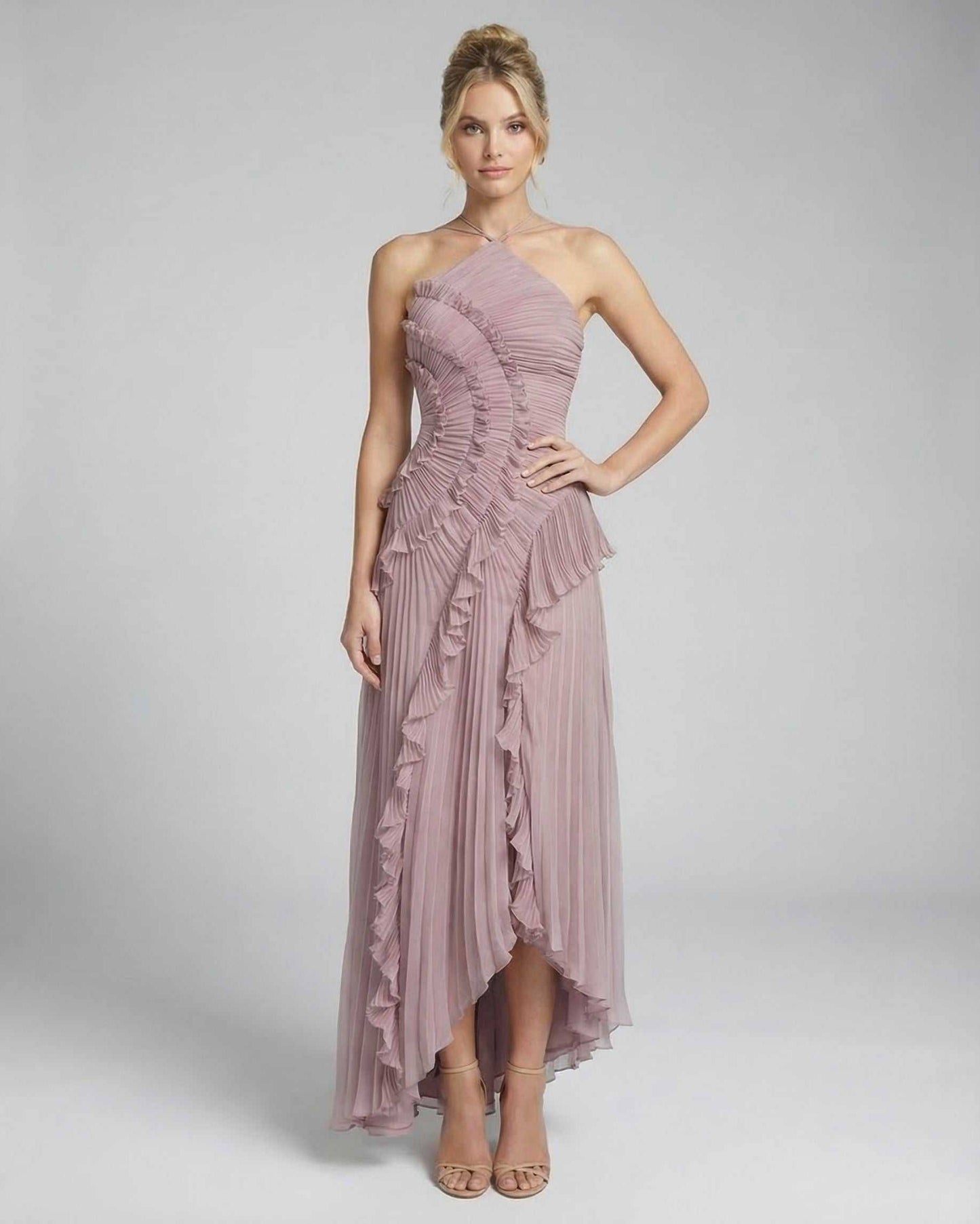 Mauve Satin Bodycon Halter Sleeveless Maxi Dress | Black-Tie Events, Celebrations & Everyday Wear, front view | Ramblion | SKU: CMX-957483920-mauve-L-9845,CMX-957483920-mauve-M-2564,CMX-957483920-mauve-S-7150,CMX-957483920-mauve-XL-7869,CMX-957483920-mauve-XS-2834