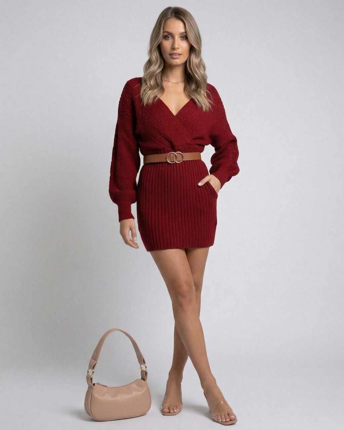 Burgundy Bodycon V-Neck Long Sleeve Mini Dress | Bridal Showers, front view | Ramblion | SKU: CMD-849302716-burgundy-L-1562,CMD-849302716-burgundy-M-1732,CMD-849302716-burgundy-S-4946,CMD-849302716-burgundy-XL-6509,CMD-849302716-burgundy-XS-1167
