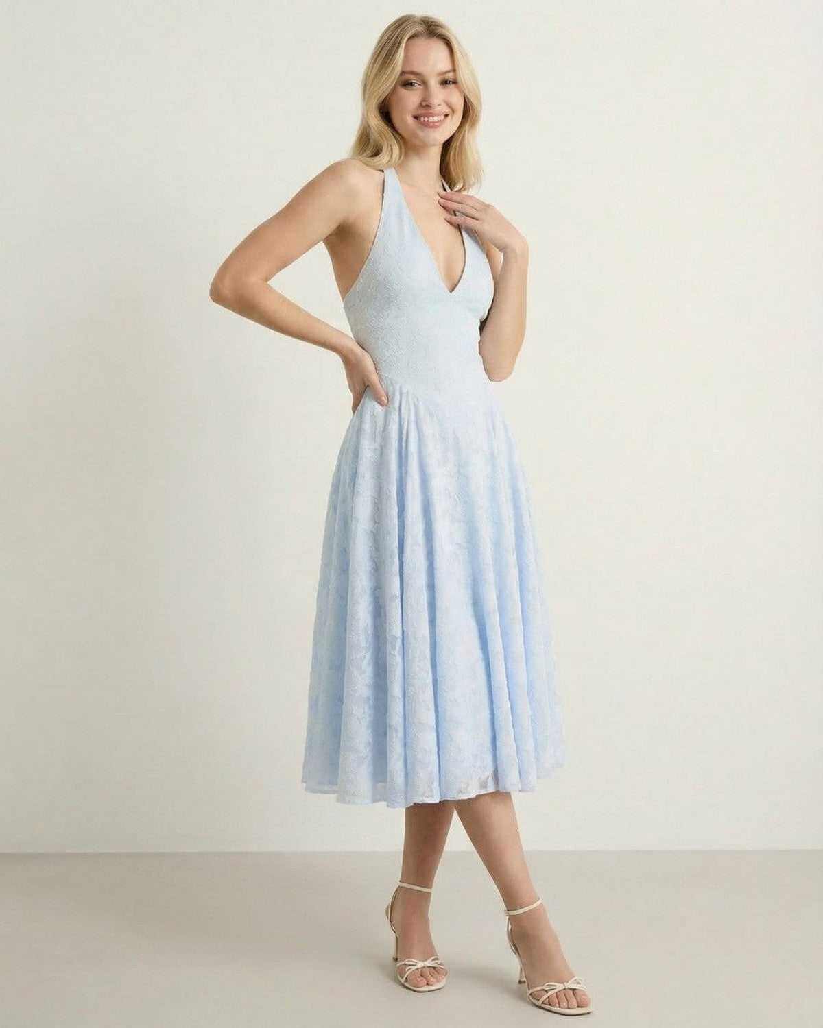 Wia Midi Dress: Elegant blue midi dress, V neck, A-line cut, perfect for stylish occasions, by RAMBLION.
