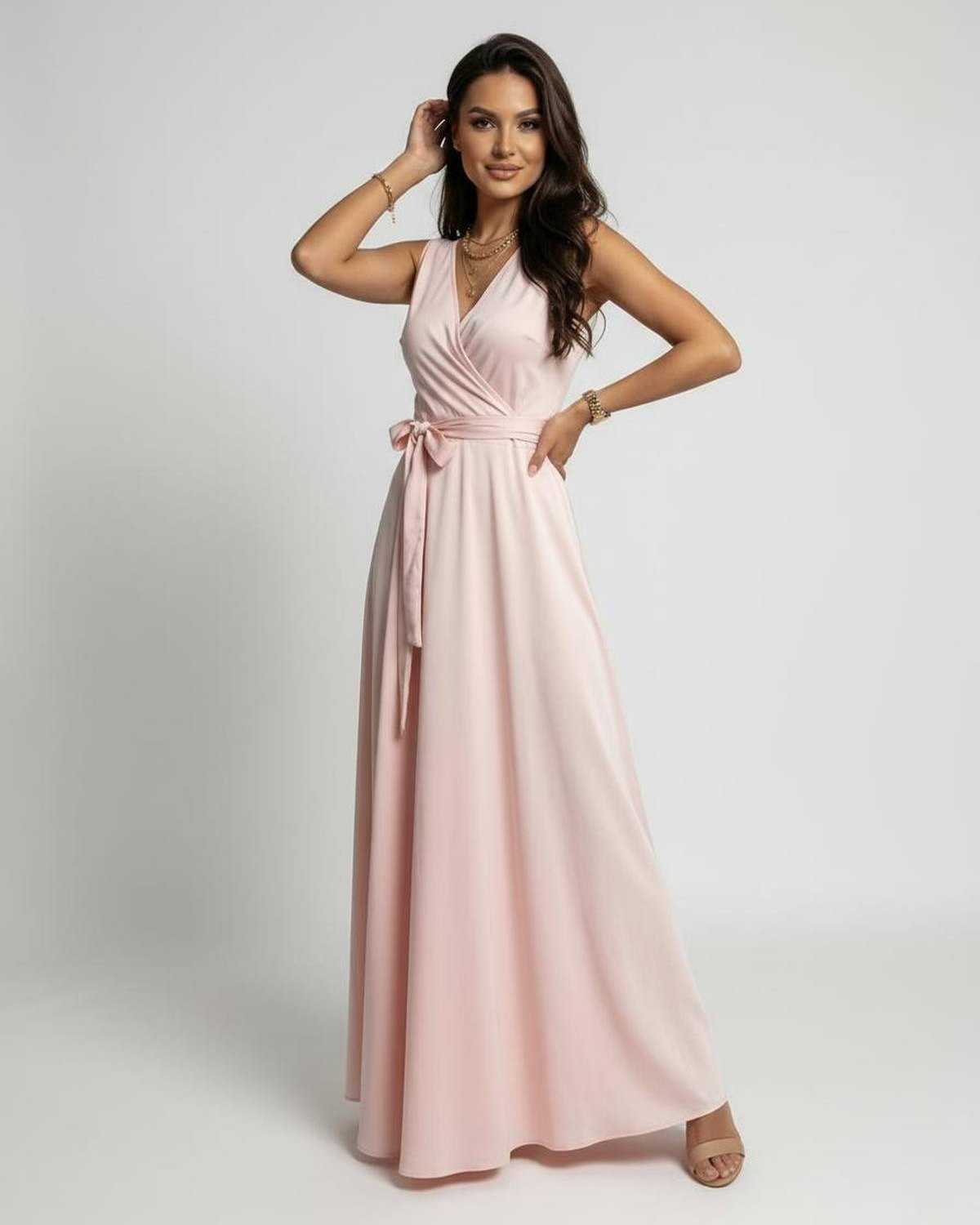 Blush Satin Wrap V-Neck Sleeveless Maxi Dress | Prom, Party Nights, Bridal Showers & Daily Wear, front view | Ramblion | SKU: CMD-527439182-blush-L-3311,CMD-527439182-blush-M-4285,CMD-527439182-blush-S-7443,CMD-527439182-blush-XL-7721,CMD-527439182-blush-XS-5950