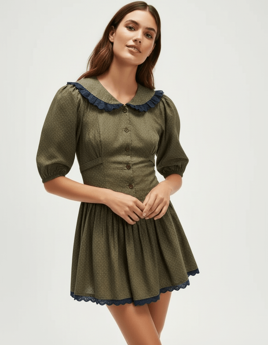 Xady Mini Dress featuring a brown round neck, Peter Pan collar, puff sleeves, and vintage-inspired style by RAMBLION.