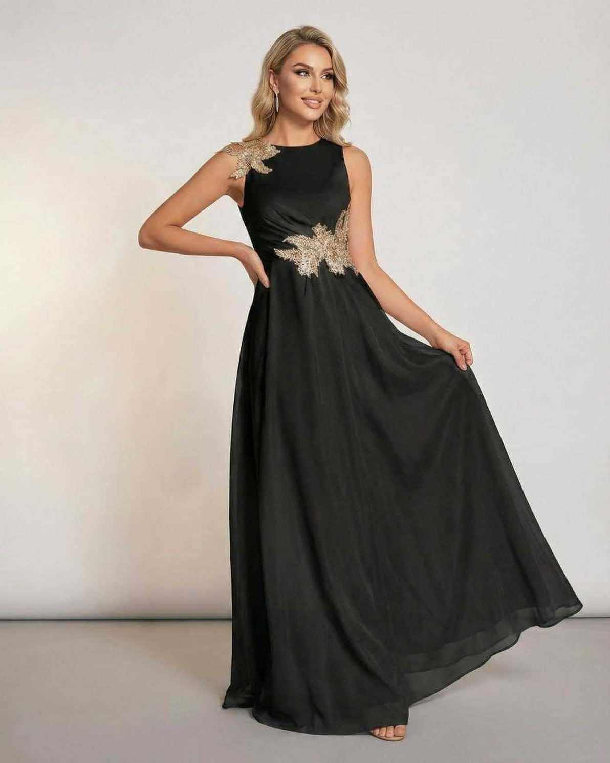 Xafo Maxi Dress featuring a black satin fabric, round neck, flowing silhouette, perfect for formal occasions by RAMBLION.