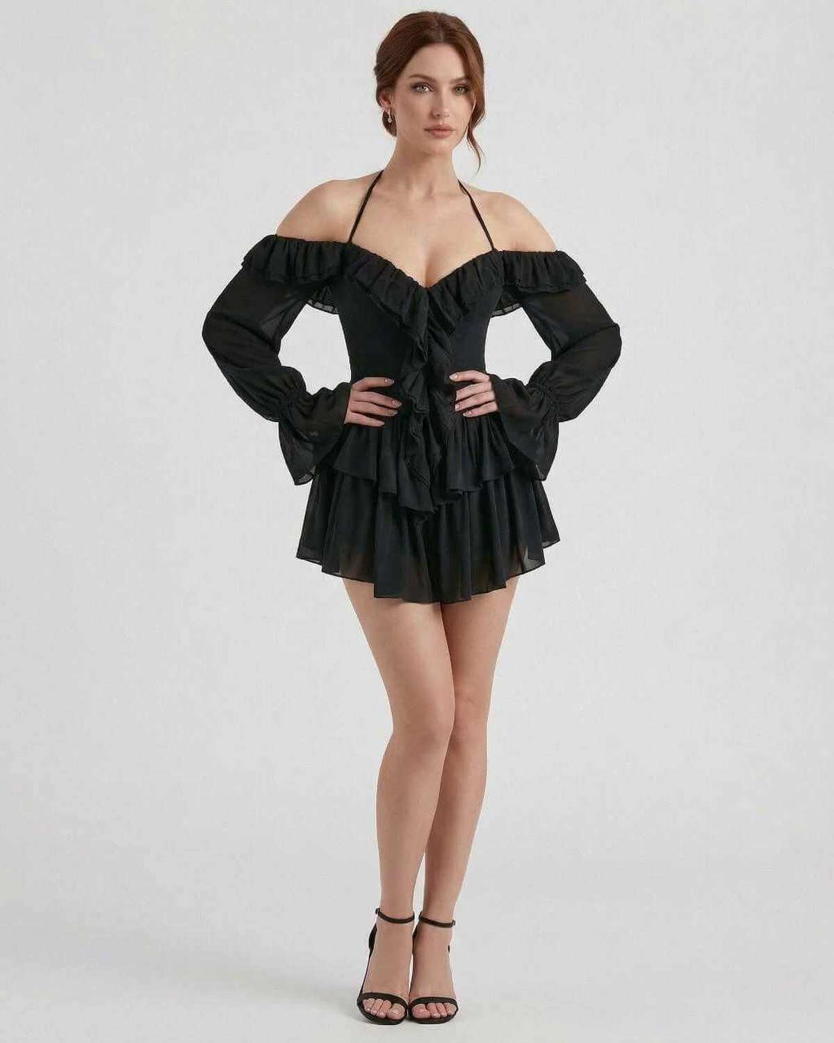 Black Satin A-line Halter Sleeveless Mini Dress | Gala Nights, Party Nights & Daily Wear, front view | Ramblion | SKU: RMD-842751-black-L-2658,RMD-842751-black-M-6419,RMD-842751-black-S-8910,RMD-842751-black-XL-6165,RMD-842751-black-XS-5982