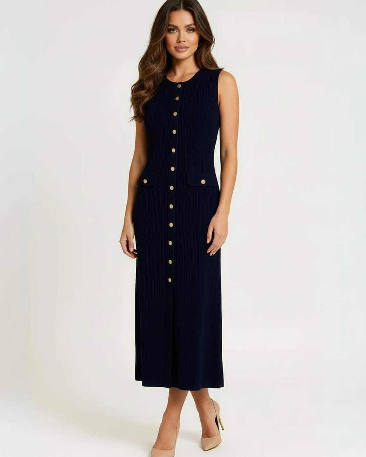Navy Bodycon Round Neck Sleeveless Midi Dress | Guest of Wedding, front view | Ramblion | SKU: MMD-482739156-navy-L-9179,MMD-482739156-navy-M-3438,MMD-482739156-navy-S-4666,MMD-482739156-navy-XL-324,MMD-482739156-navy-XS-9991
