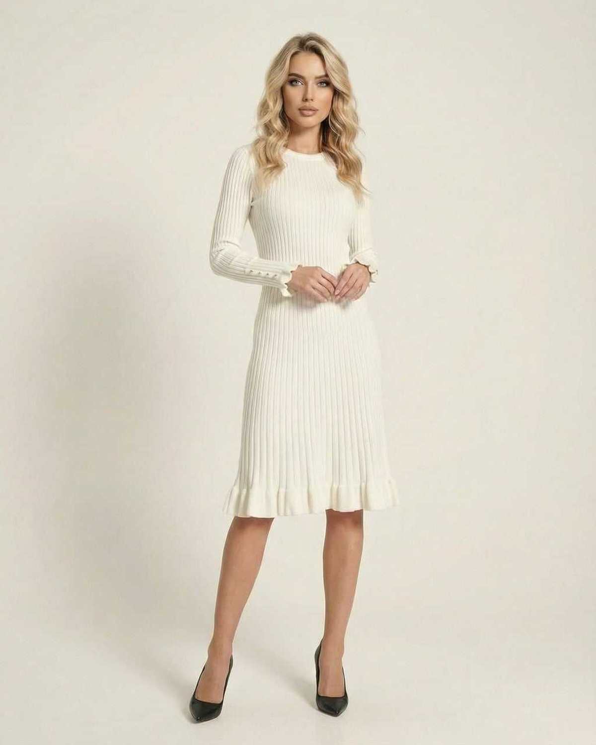 Cream Bodycon Round Neck Long Sleeve Midi Dress | Weddings, front view | Ramblion | SKU: SMD-48271-cream-L-2015-2125,SMD-48271-cream-M-4577-2802,SMD-48271-cream-S-7956-3255,SMD-48271-cream-XL-8034-7800,SMD-48271-cream-XS-8201-803