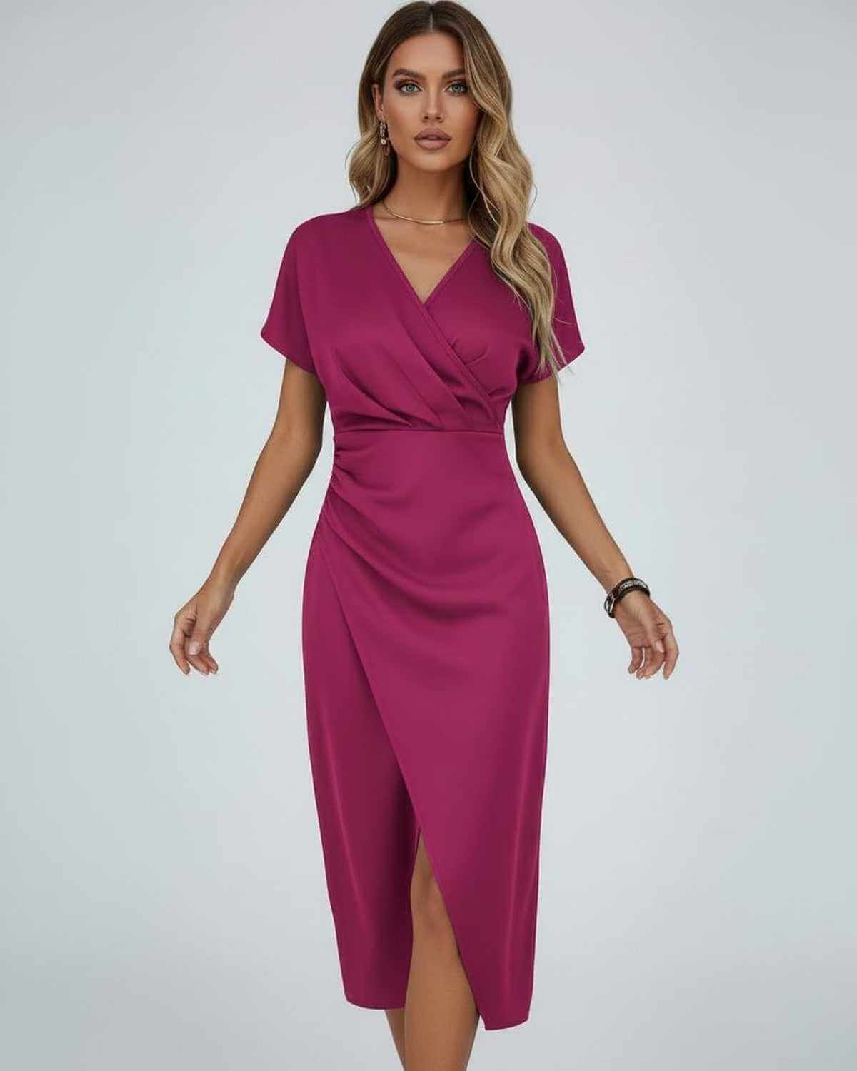 Yema Midi Dress in soft pink, V neck, elegant short sleeves, perfect for sophisticated occasions, by RAMBLION.