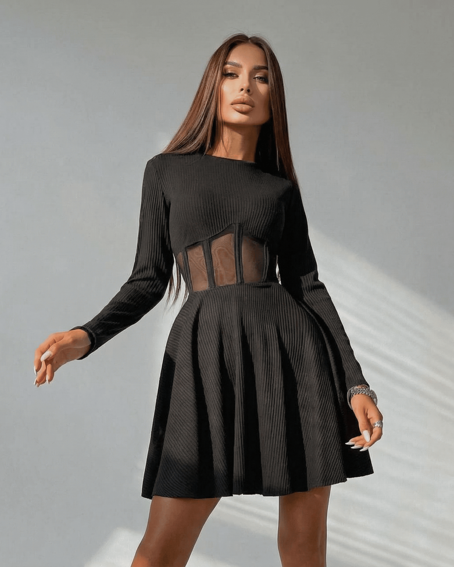 Black Cotton A-line Round Neck Long Sleeve Mini Dress | Black-Tie Events, Evening Parties & Casual Wear, front view | Ramblio | SKU: MMD-48271-black-L-1213-1633,MMD-48271-black-M-6449-6101,MMD-48271-black-S-854-1256,MMD-48271-black-XL-2863-9372,MMD-48271-black-XS-6935-3697