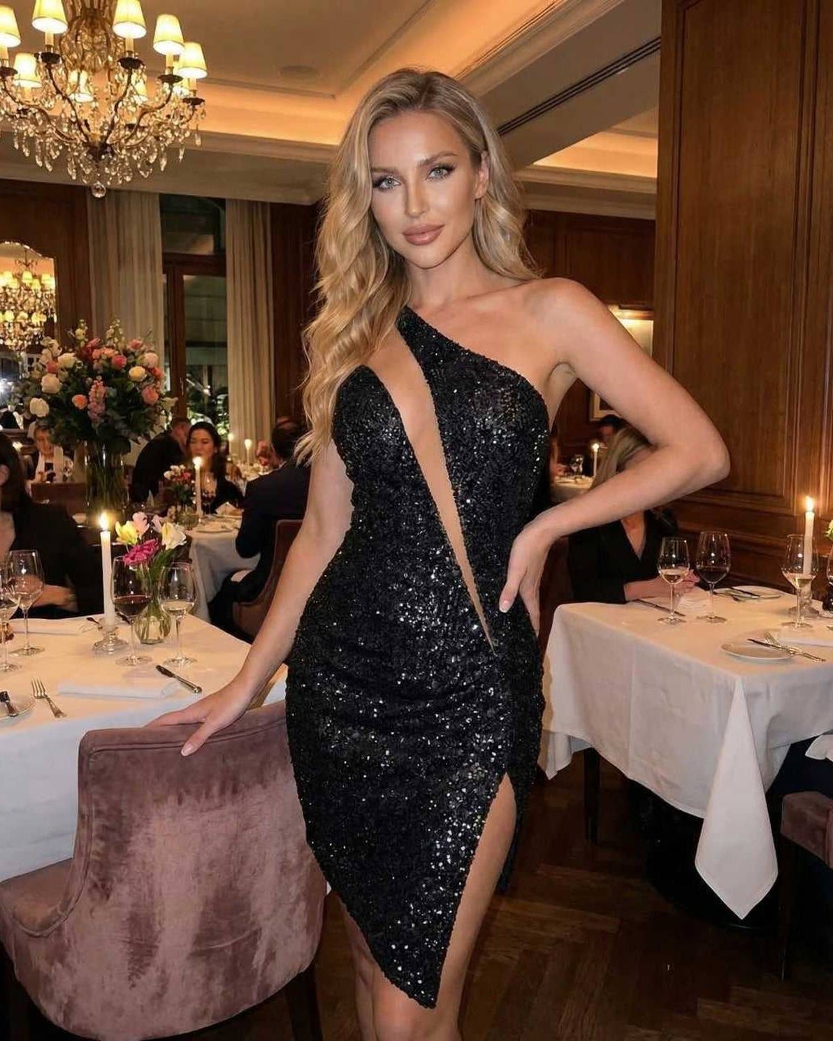 Zafa Mini Dress featuring a one-shoulder design and sequin overlay, perfect for glamorous evening occasions by RAMBLION.