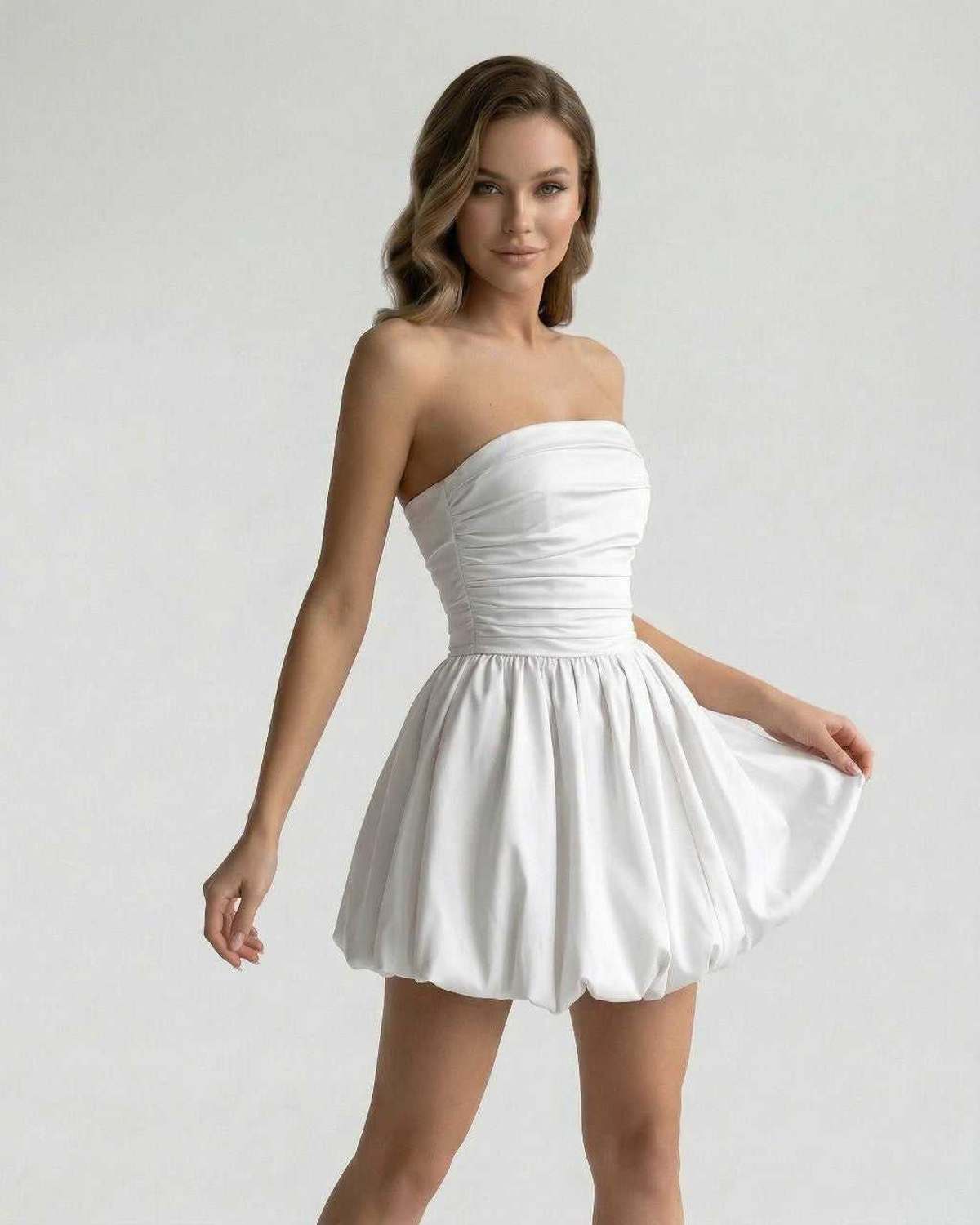White Satin Bodycon Strapless Mini Dress | Evening Events, Cocktail Parties, Wedding Guest & Day-to-Night, front view | Rambl | SKU: CMD-928374615-white-L-9562,CMD-928374615-white-M-3117,CMD-928374615-white-S-7936,CMD-928374615-white-XL-1422,CMD-928374615-white-XS-5865