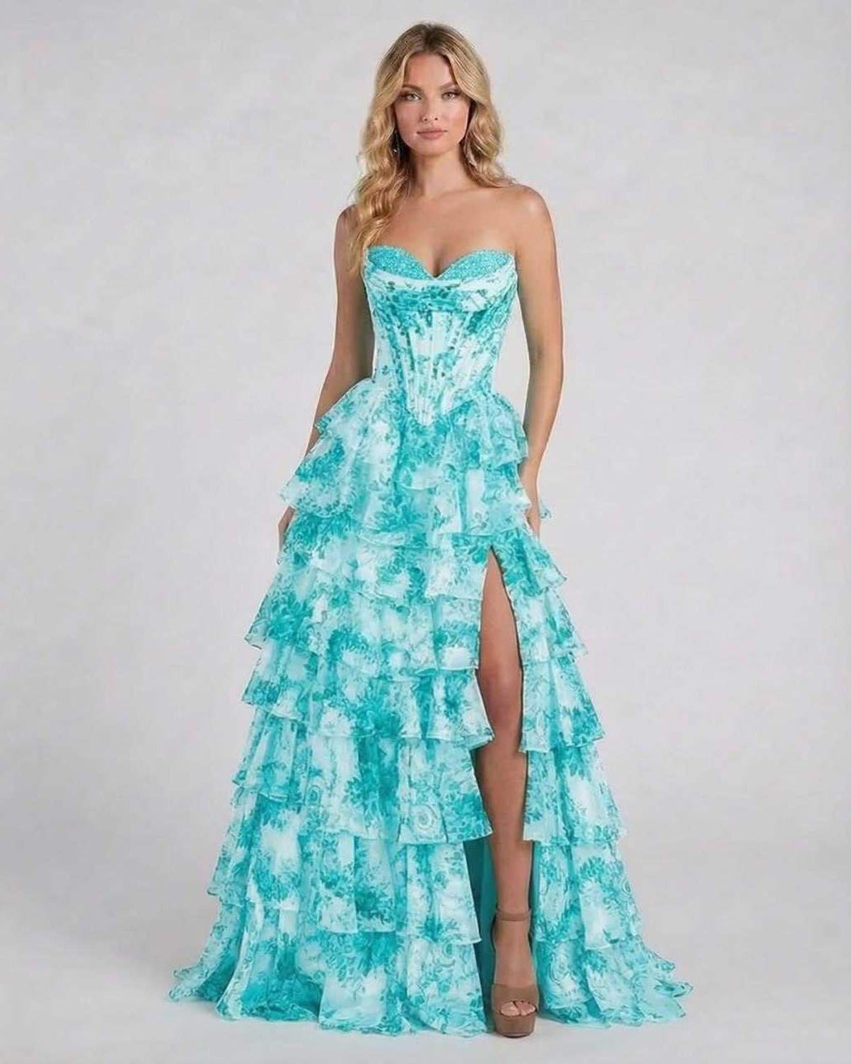 Armi Maxi Dress in turquoise blue, strapless, tiered silhouette, perfect for special occasions, by RAMBLION.