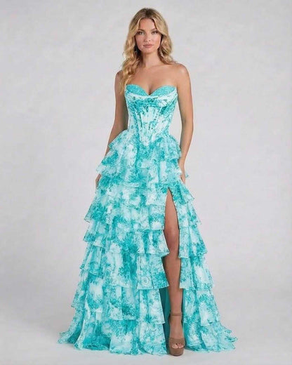Armi Maxi Dress in turquoise blue, strapless, tiered silhouette, perfect for special occasions, by RAMBLION.