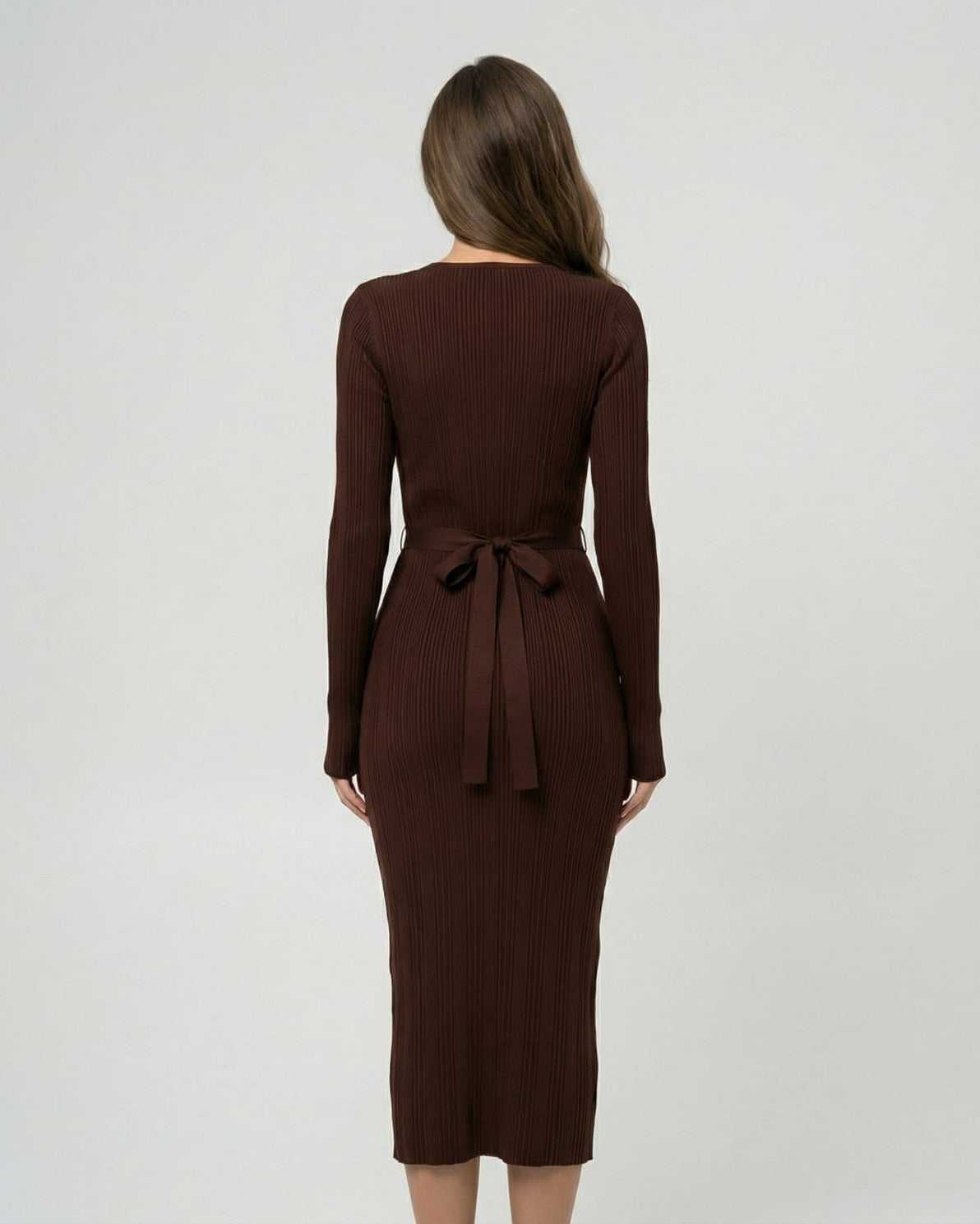 Calo Midi Dress back view, brown ribbed fabric, elegant fit for casual or formal occasions, by RAMBLION.