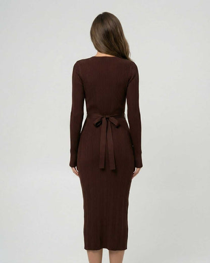 Calo Midi Dress back view, brown ribbed fabric, elegant fit for casual or formal occasions, by RAMBLION.