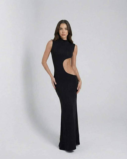 Came Maxi Dress by RAMBLION, black ankle-length with cutout waist detail, modern style for special occasions.