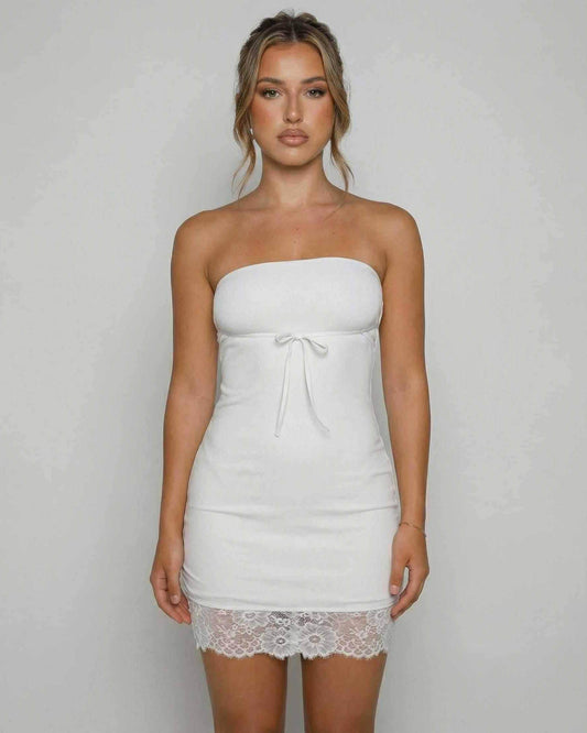 Cannes Mini Dress by RAMBLION, strapless, vintage charm, lace trim, perfect for chic occasions.