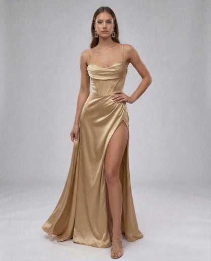 Cano Maxi Dress by RAMBLION, elegant beige satin gown with a sweetheart neckline, perfect for evening wear.