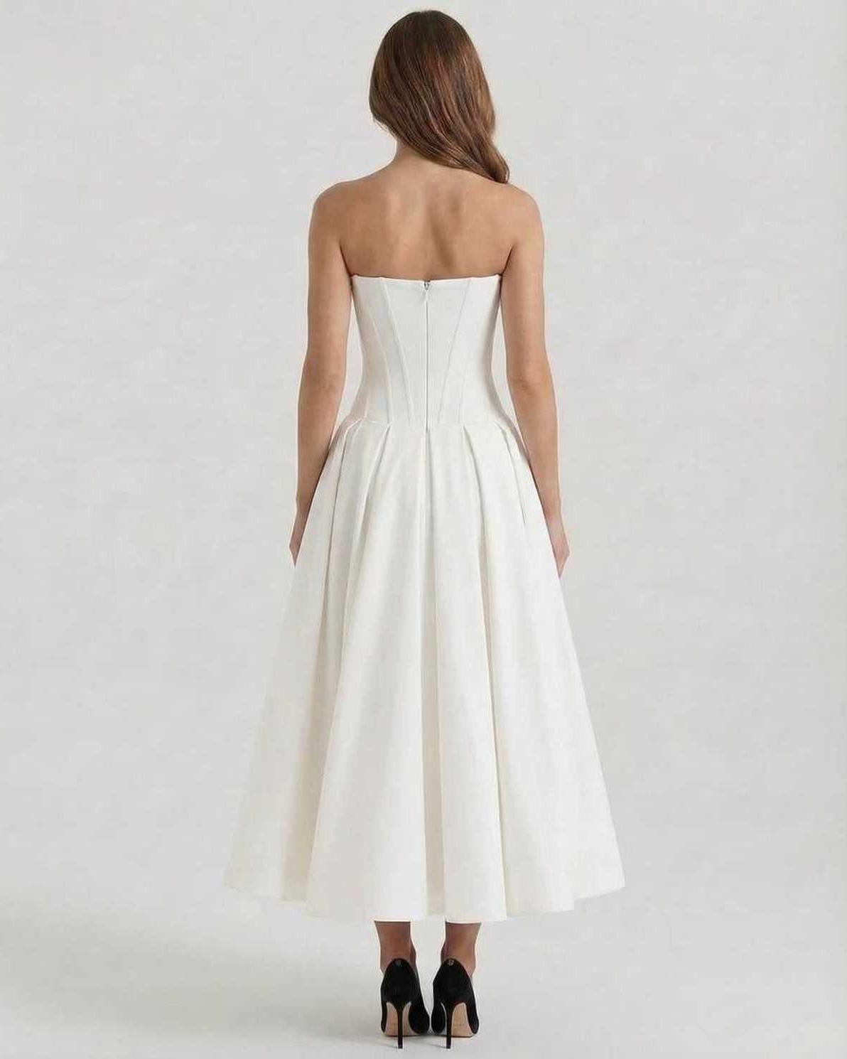 Caro Midi Dress by RAMBLION, strapless, red velvet, A-line, sophisticated style for special occasions.