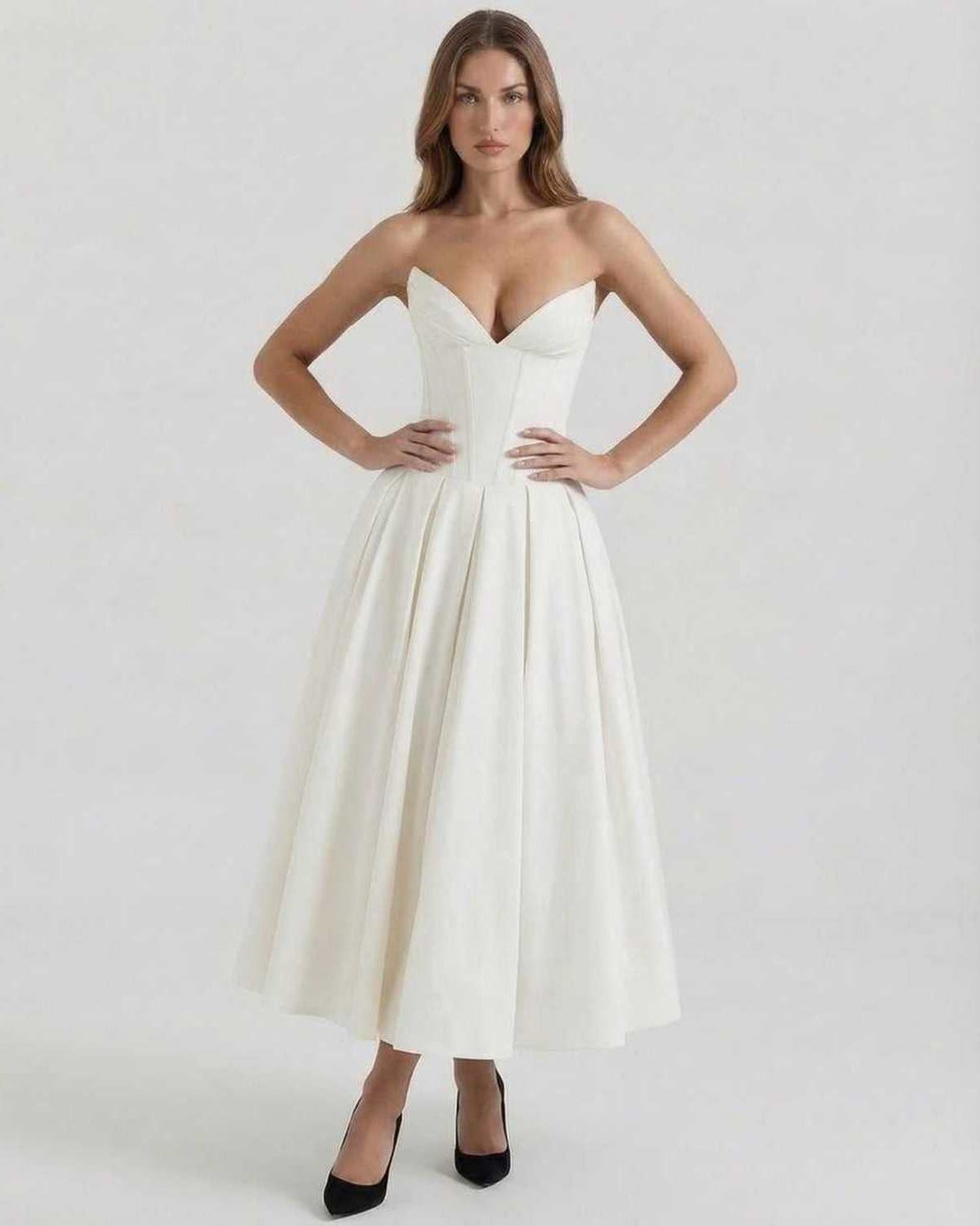 Caro Midi Dress by RAMBLION, strapless, white, elegant A-line silhouette, perfect for special occasions