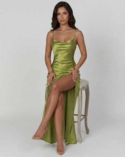 Cleo Maxi Dress in green satin, elegant V neck, perfect for formal occasions by RAMBLION.