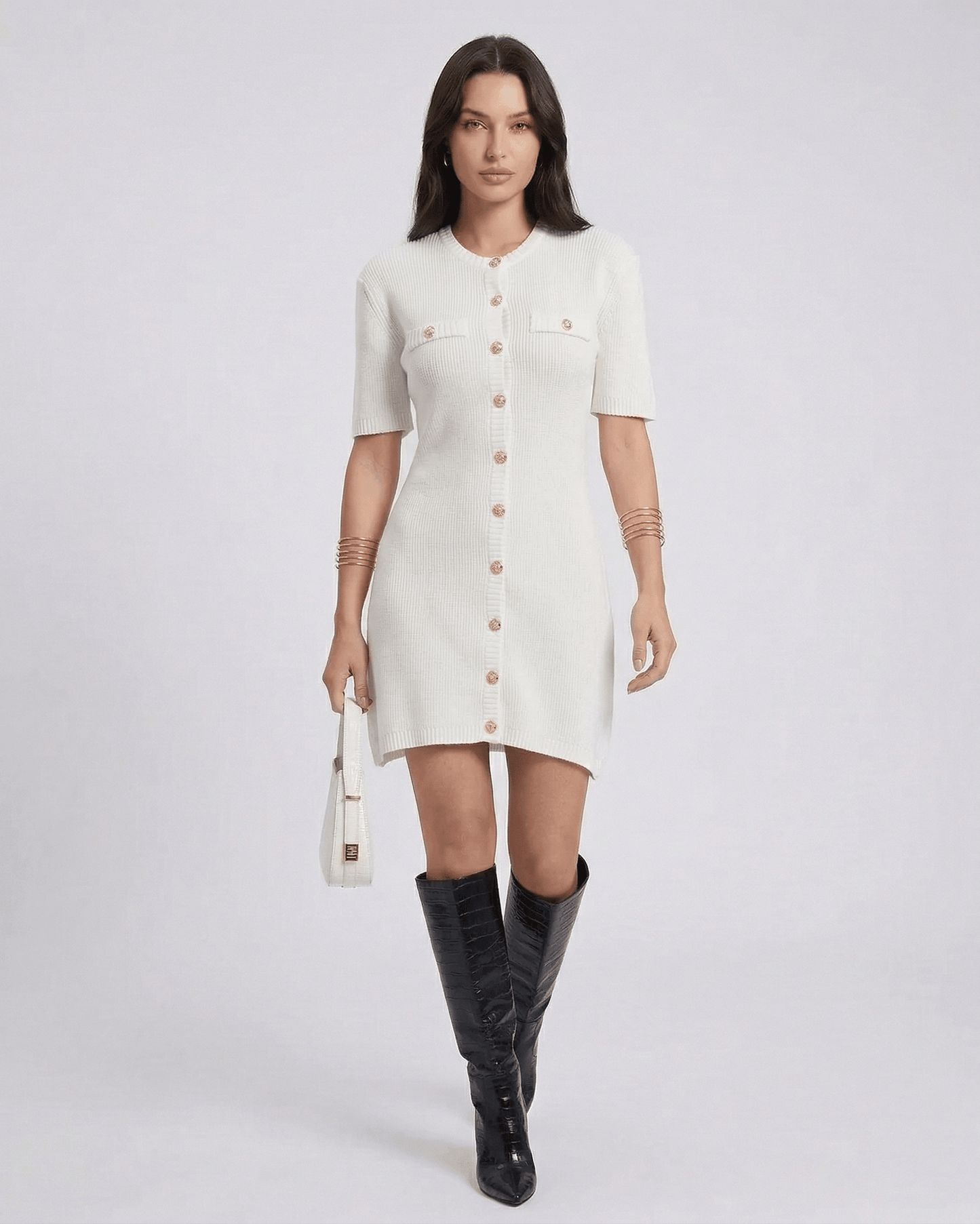 Elysia Mini Dress by RAMBLION, chic white mini dress with button closure, half sleeves, perfect for casual outings.