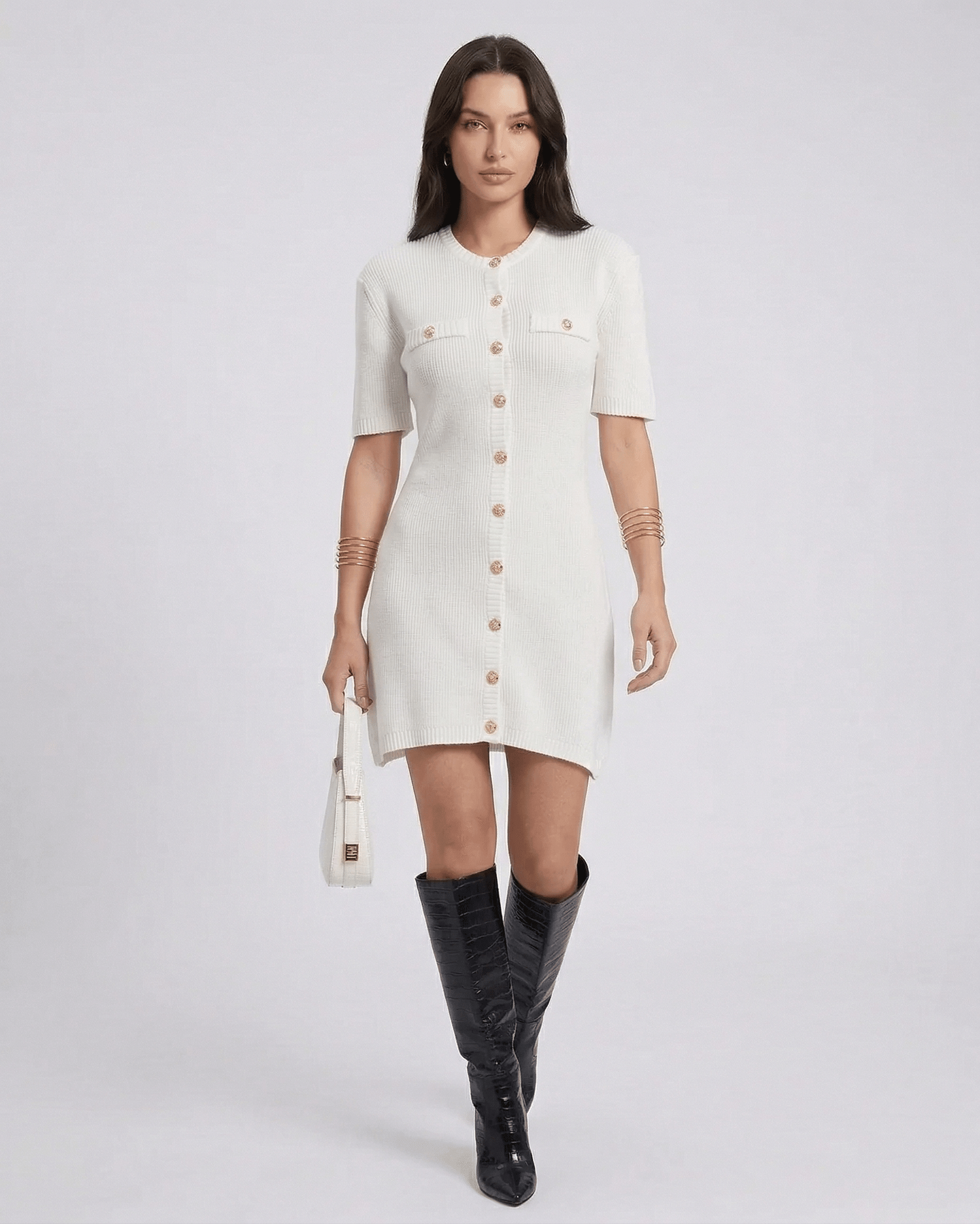 Elysia Mini Dress by RAMBLION, chic white mini dress with button closure, half sleeves, perfect for casual outings.