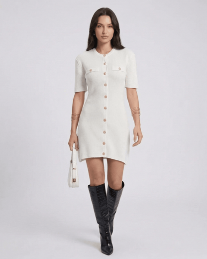 Elysia Mini Dress by RAMBLION, chic white mini dress with button closure, half sleeves, perfect for casual outings.
