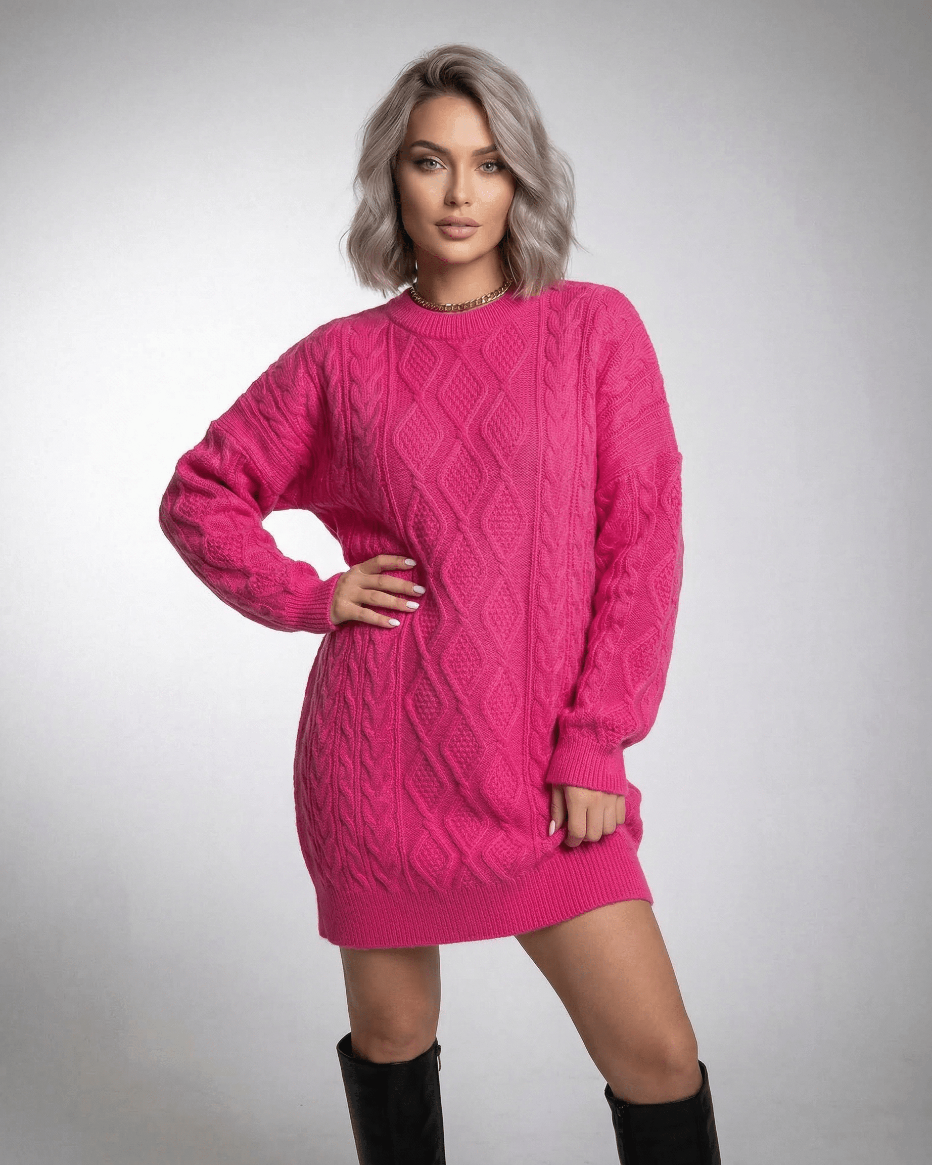 Espy Mini Dress in vibrant pink knit, cozy texture, perfect for casual or special occasions, by RAMBLION.