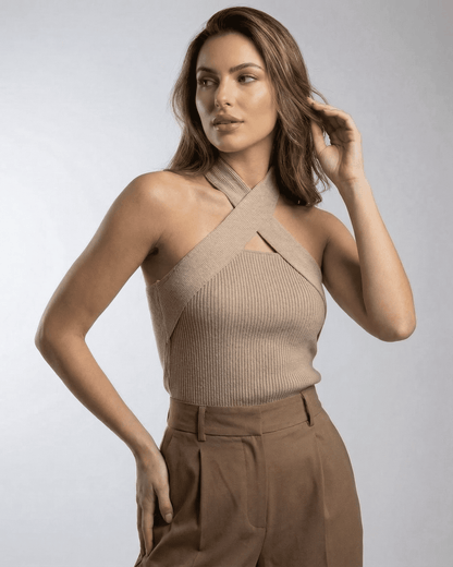 Fima Top Beige Mini Dress with halter neckline, modern ribbed texture, stylish for casual or elevated occasions by RAMBLION.