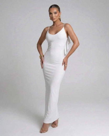 Gena Maxi Dress in white, ankle-length, polyester satin, elegant silhouette, perfect for special occasions by RAMBLION.
