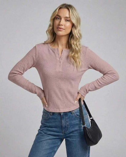 Isis Top by RAMBLION, pink long sleeve top with round neck, waffle knit finish, perfect for everyday wear.