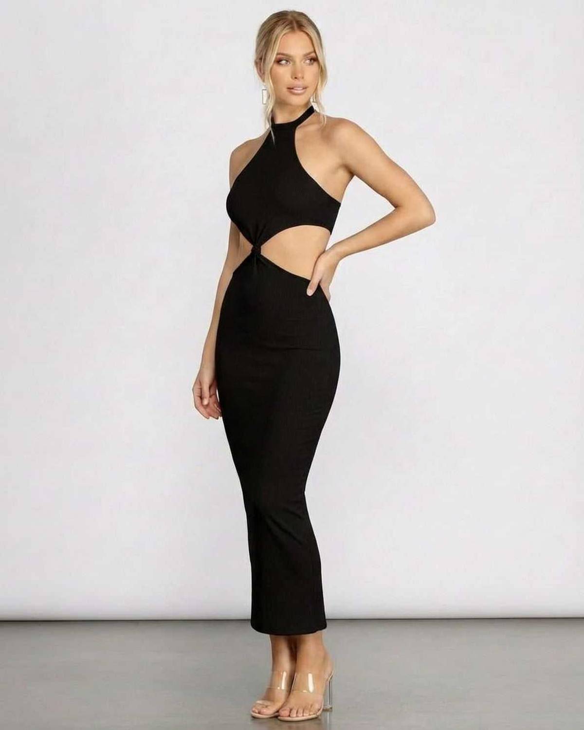 Chic Komo Midi Dress by RAMBLION featuring halter neckline and elegant cutouts, perfect for warm-weather gatherings.