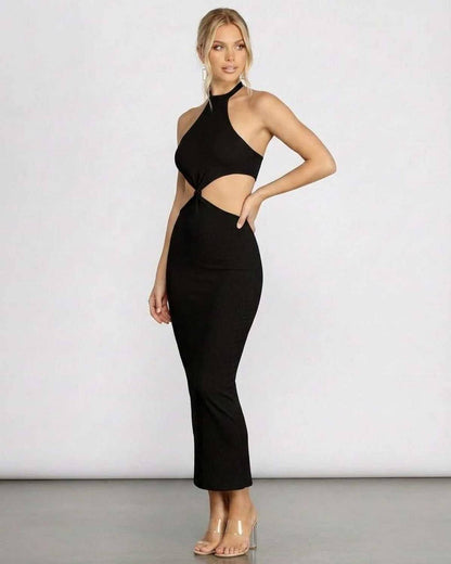Chic Komo Midi Dress by RAMBLION featuring halter neckline and elegant cutouts, perfect for warm-weather gatherings.