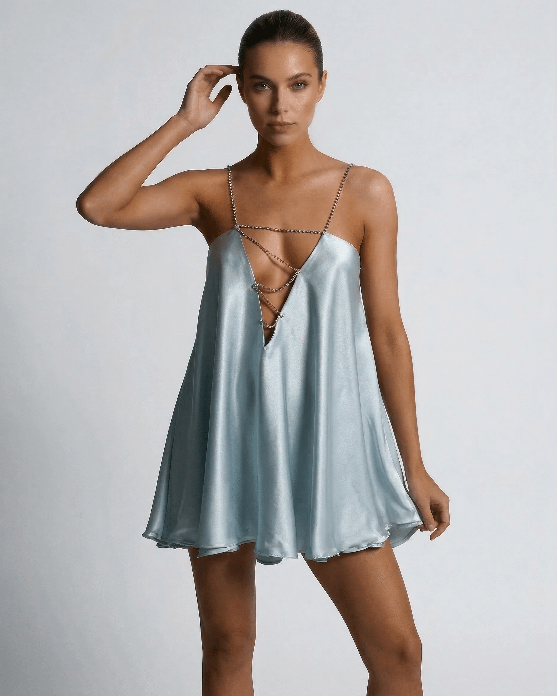 Lampedusa Mini Dress in luxurious blue satin, A-line silhouette, perfect for summer elegance by RAMBLION.
