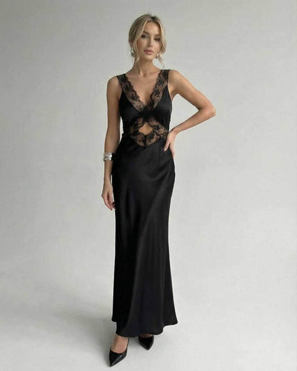 Lana Maxi Dress by RAMBLION, black ankle-length, V-neck, elegant spaghetti straps, perfect for chic occasions.