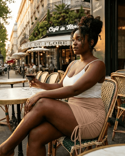 Woman enjoying a drink at a cafe, wearing a Sand Mini Skirt by RAMBLION, featuring adjustable drawstrings and a rib-knit texture.