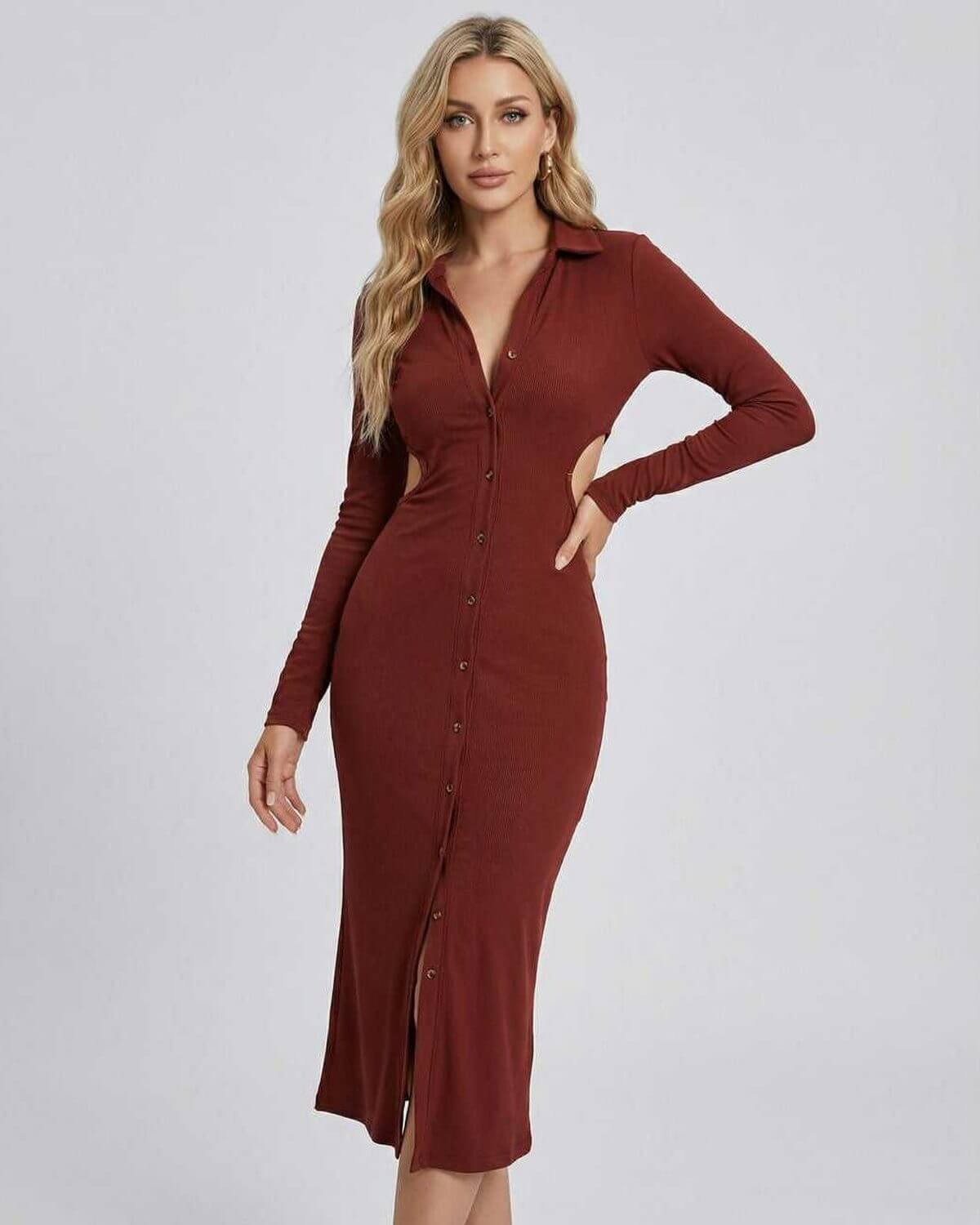 Lava Midi Dress by RAMBLION, brown cotton denim, V neck, perfect for any occasion, soft and breathable style.