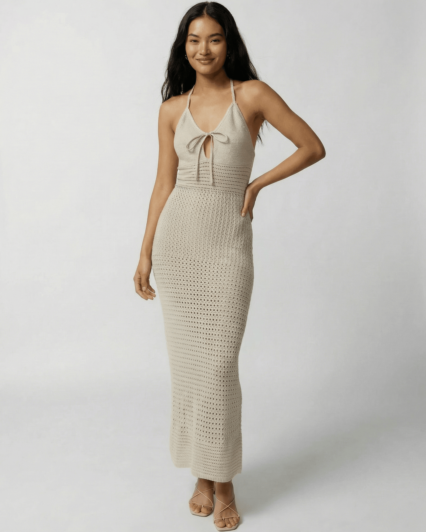 Lova Maxi Dress by RAMBLION, beige halter neck ankle-length dress, perfect for warm weather, stylish and breathable.
