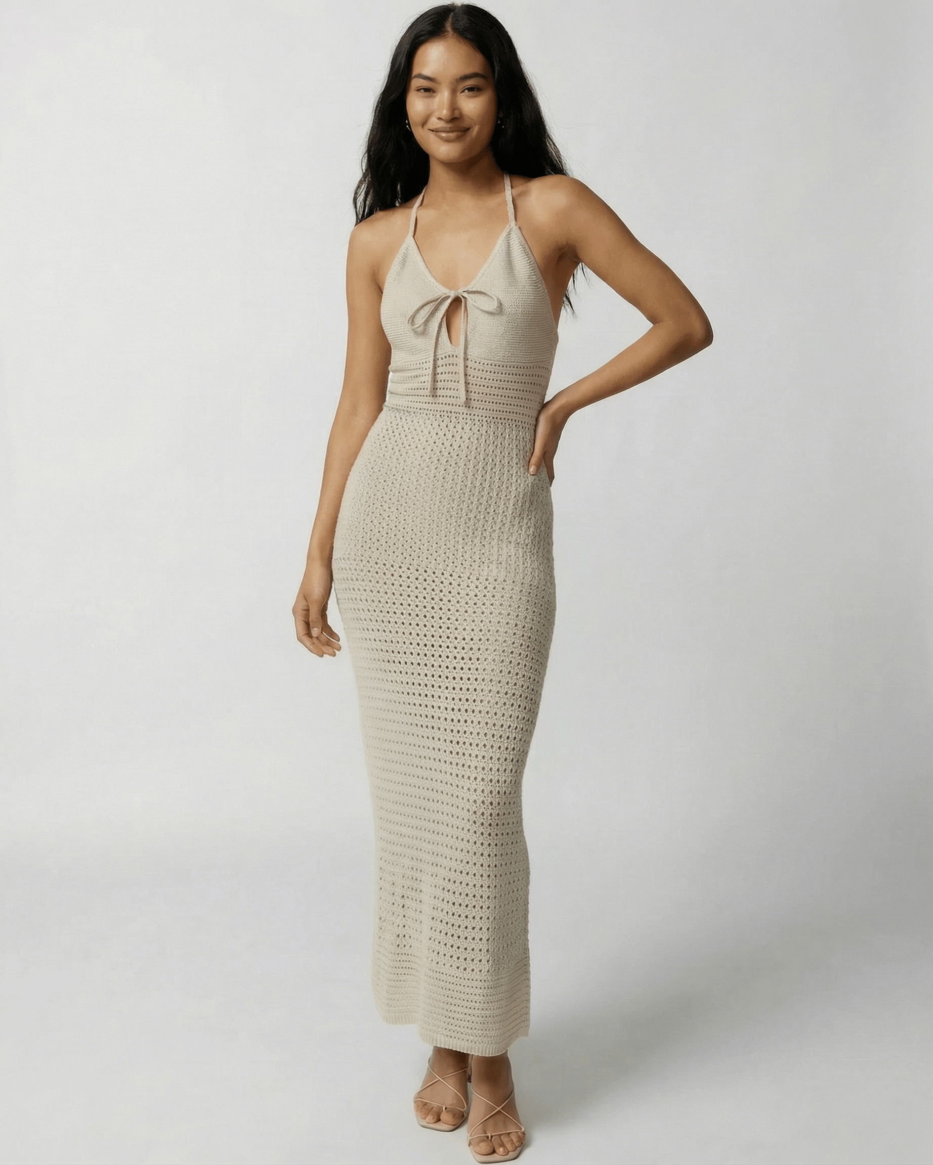 Lova Maxi Dress by RAMBLION, beige halter neck ankle-length dress, perfect for warm weather, stylish and breathable.