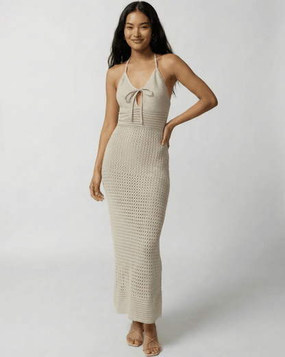 Lova Maxi Dress by RAMBLION, beige halter neck ankle-length dress, perfect for warm weather, stylish and breathable.