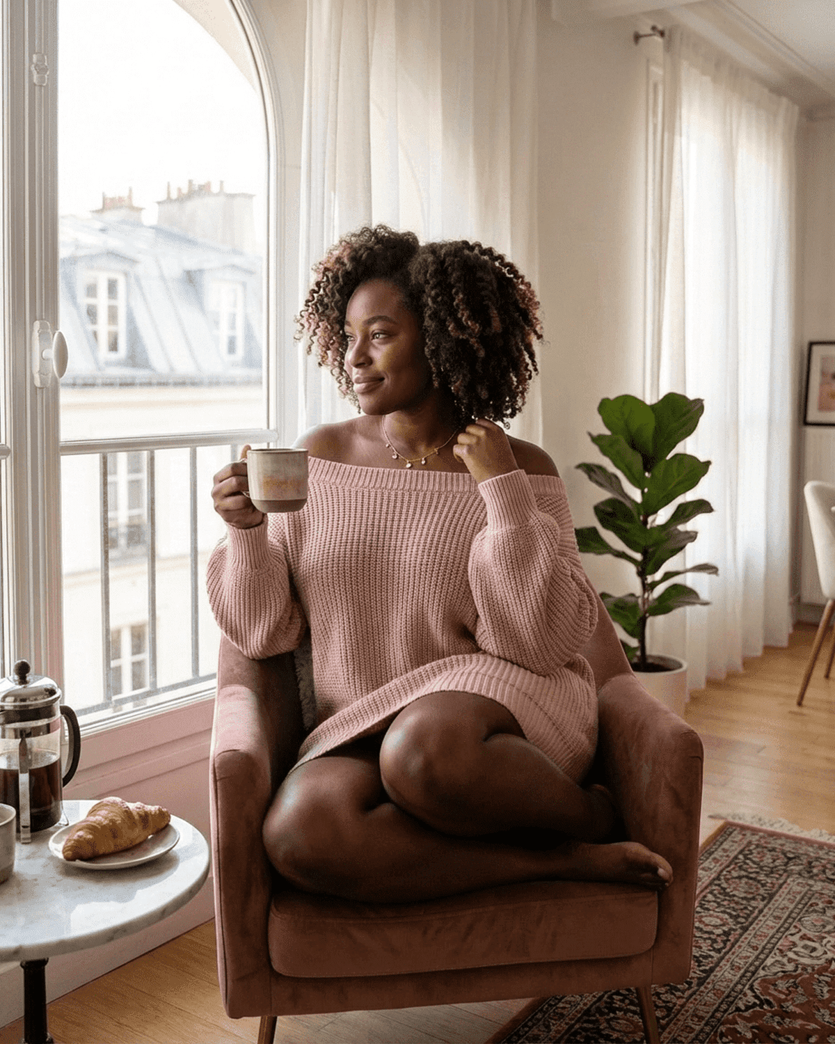 Woman in pink sweater dress sitting in a chair, enjoying a coffee with a cozy vibe.