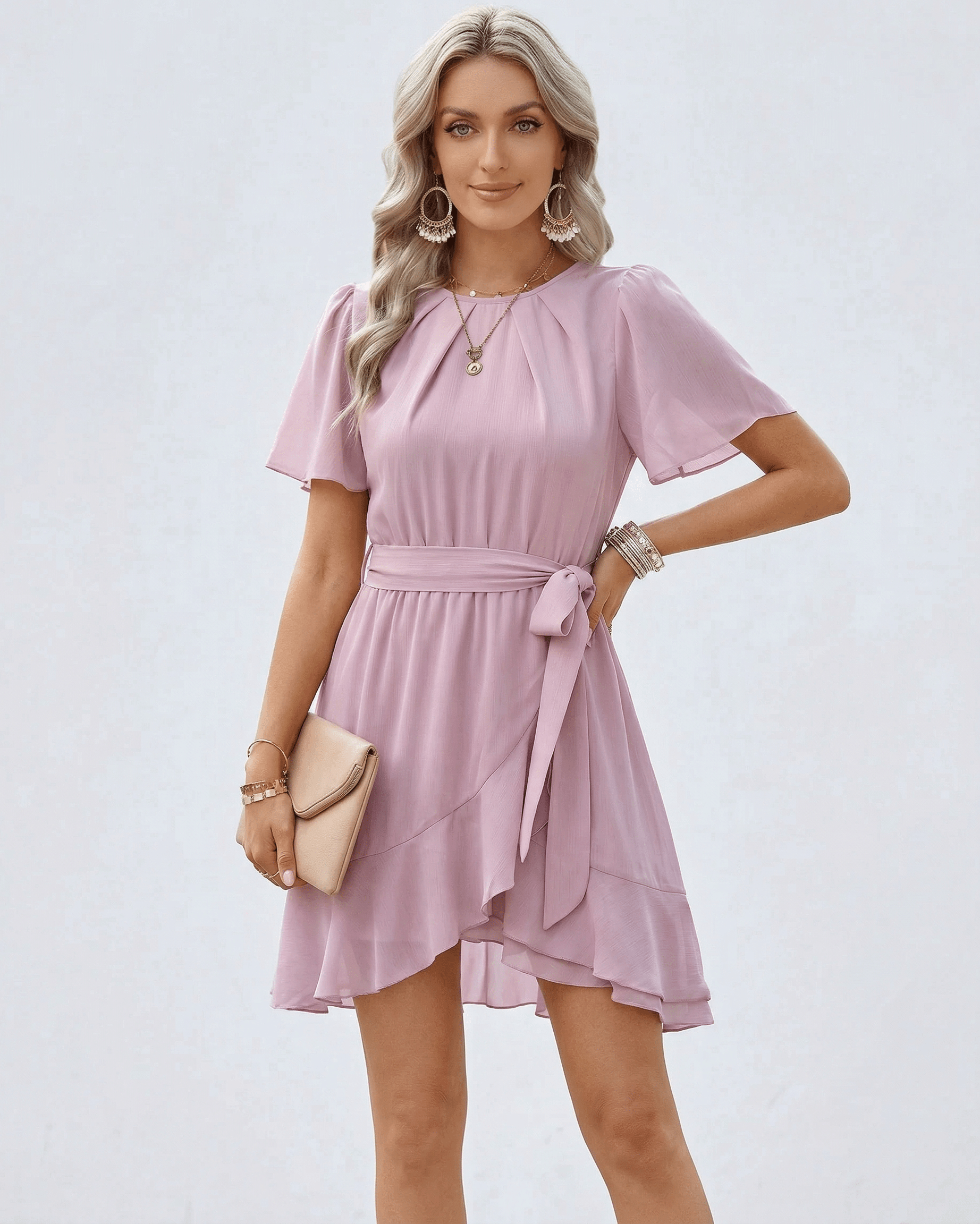 Mova Mini Dress by RAMBLION in pink satin, featuring a round neck, perfect for spring events and casual outings.