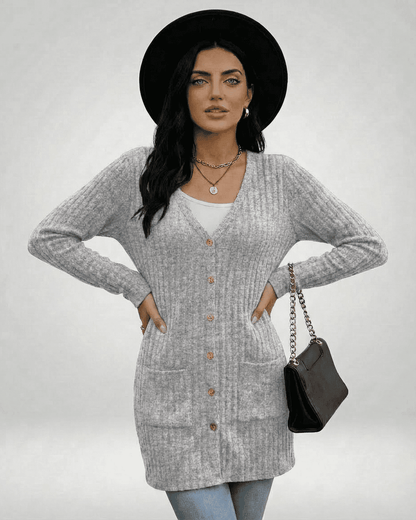 Onif Cardigan in light grey, 100% cotton, V-neck, stylish longline design by RAMBLION for casual or polished occasions.