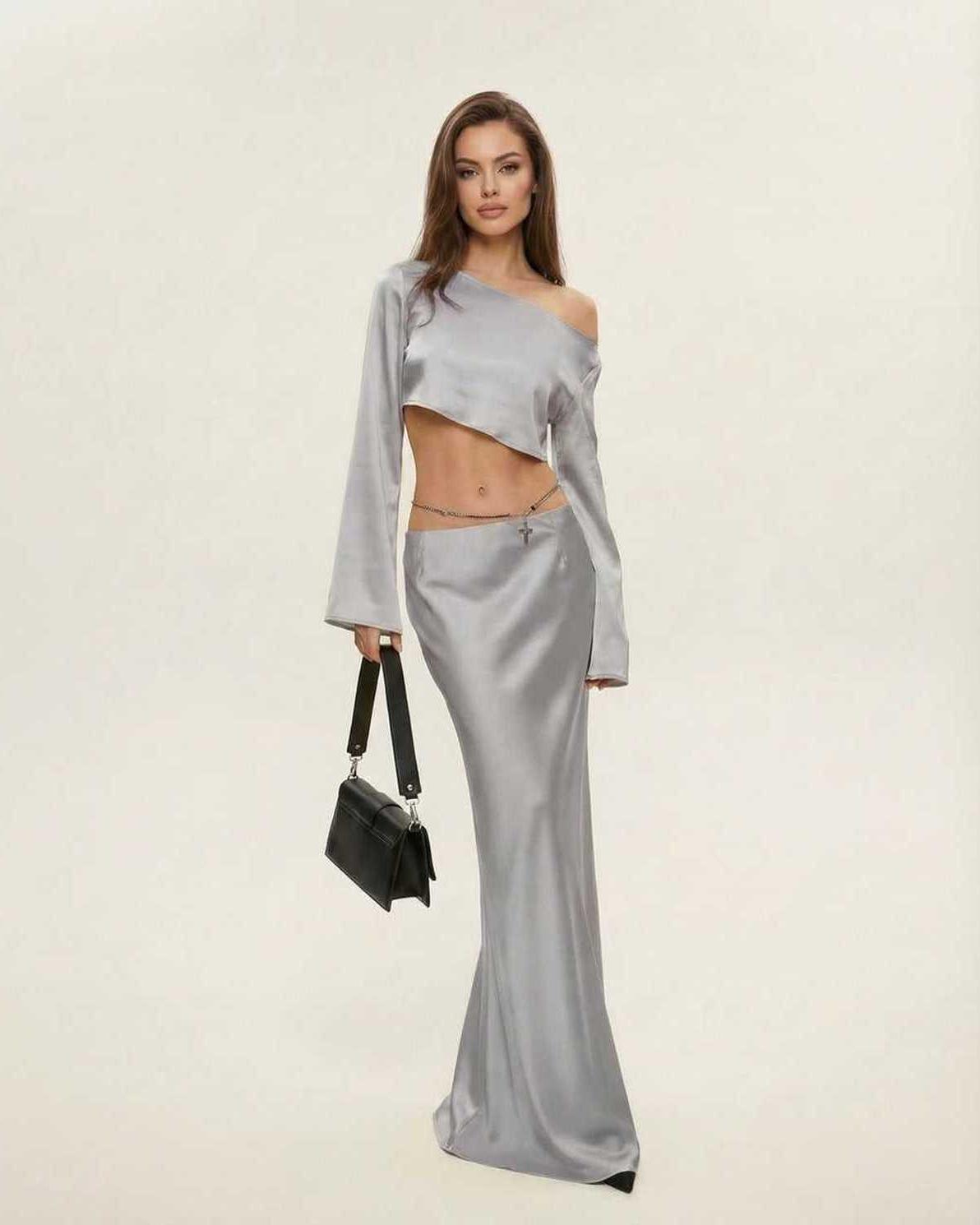 Lexa Midi Dress in luxurious grey satin with asymmetrical design, perfect for evening wear by RAMBLION.
