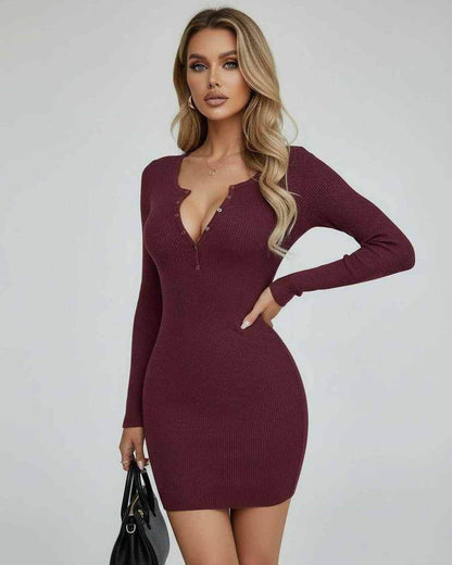 Cami Mini Dress by RAMBLION in burgundy, with long sleeves and a stylish neckline, perfect for chic occasions.