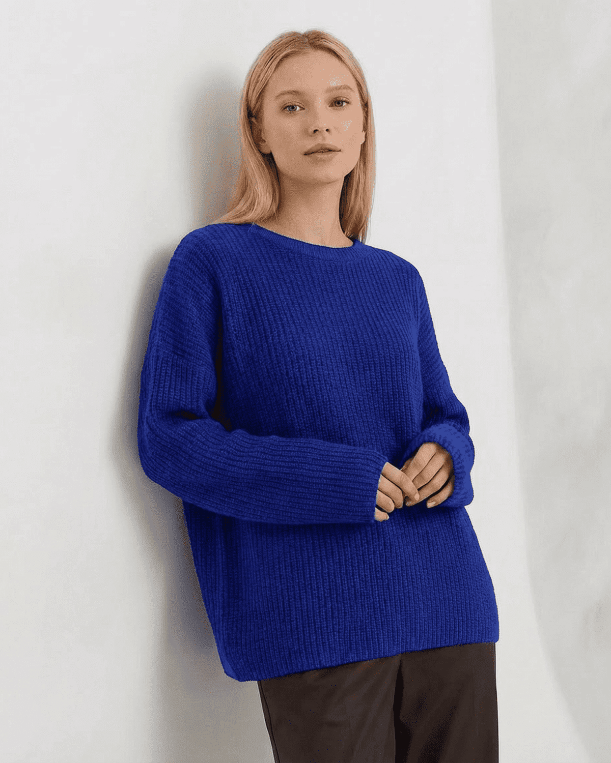 Indira Sweater - Loose Fit Thick Ribbed Knitwear in Blue by RAMBLION featuring a round neck and long sleeves.