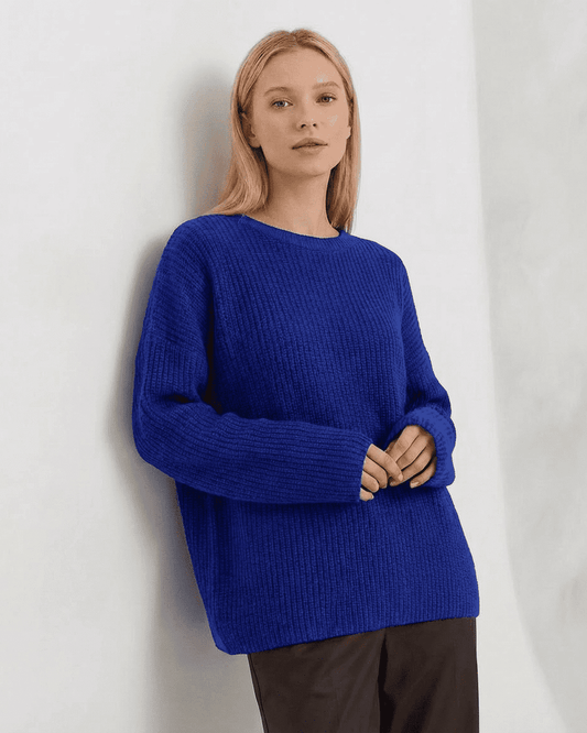 Indira Sweater - Loose Fit Thick Ribbed Knitwear in Blue by RAMBLION featuring a round neck and long sleeves.